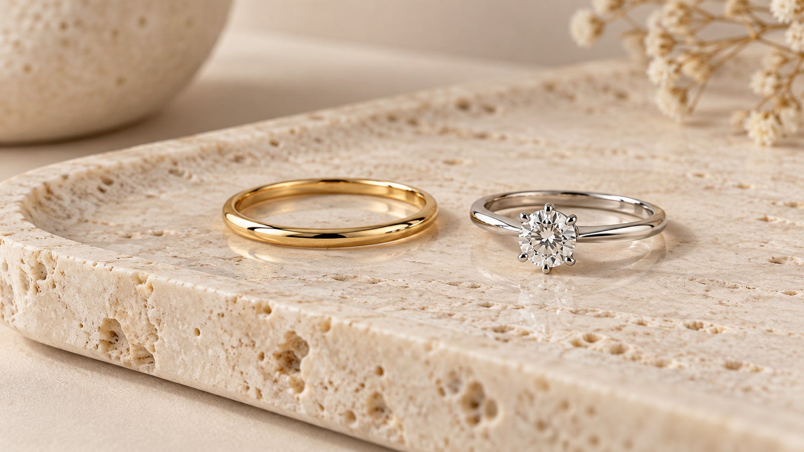 AI-generated editorial illustration of a slim yellow-gold band beside a white-gold solitaire ring on a travertine tray.