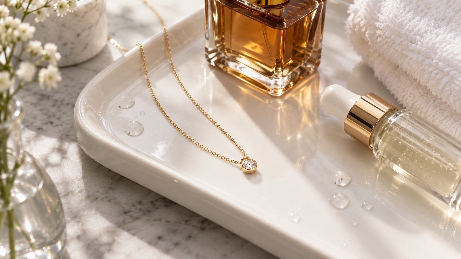 AI-generated editorial illustration of a delicate gold bezel diamond pendant beside perfume, serum and a folded towel on a white ceramic tray.