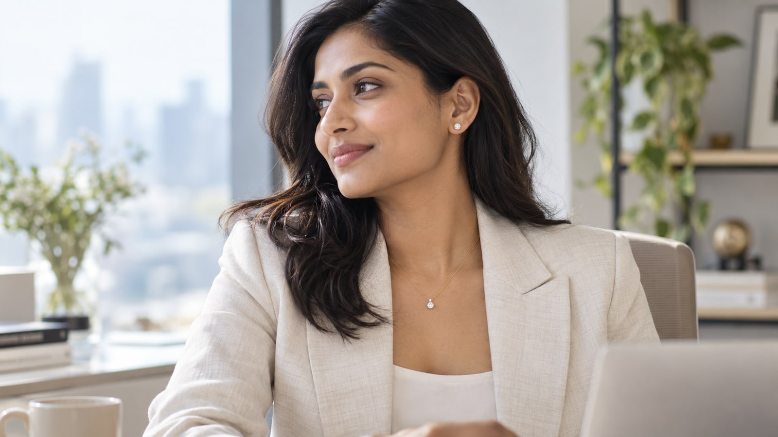 AI-generated editorial illustration of a modern Indian woman in an off-white linen blazer wearing a delicate diamond pendant and tiny diamond studs in a bright office.
